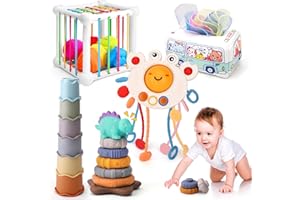 KONIJIWA 5 w 1 Zabawki dla niemowląt Zestaw Montessori z chusteczkami higienicznymi dla niemowląt, zabawkami do układania, pudełkiem do sortowania kształtów, kubkami do układania, Zabawki do ciągnięcia liny