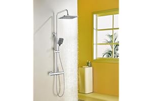 BAOLLANSA Thermostatic Shower Mixer Set,38°C Thermostatic Shower System with Rainfall Shower Head,3-Mode Handheld Shower,Adjustable Height Stainless Steel Shower Set (Chrom)