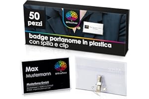 OfficeTree 50 x Badge Portanome con Clip e Spilla Integrate - 50 x Biglietti da Stampare - Porta Badge Clip - Porta Cartellino Identificativo - Badge Portanome - Cartellino Porta Badge Trasparente