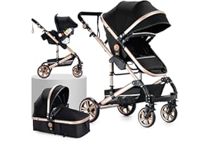 PROKOKE Sistema de Viaje 3 en 1 Silla de Paseo Carrito con Capazo 3 en 1 Cochecito de Bebé para Recién Nacido Cochecito de Viaje Portátil Plegable con Paisaje Alto de Lujo Real (739 Black Gold-11)