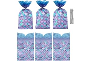 BROMMAT 100 sacchetti per caramelle per bomboniere a forma di sirena, fondo largo, sacchetti per dolcetti in cellophane con lacci in argento per feste di compleanno