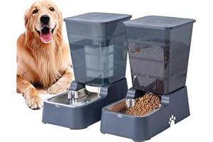 MEIJEEGU 5L Automatischer Hundefutterspender und Hundewasserspender Katzenfutterspender und Katzenwasserspender für mittelgroße Und große Hunde Katzen Und Andere Haustiere Tiere (5L Dunkelgrau Set)