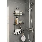 Sas Haus 3 Katlı Siyah Yapışkanlı Banyo Rafı, 2 Kancalı Şampuanlık D&uuml;zenleyici, Metal Banyo Askısı