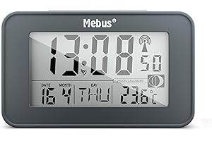 MEBUS digitaler Funk-Wecker mit Mondkalender, Beleuchtung, Innenthermometer, Schlummer-Funktion/Material: Kunststoff/Farbe: Grau/Modell: 51460