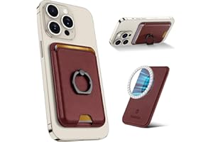 SHIELDON Cartera Magnética para Teléfono, Tarjetero Adhesivo de Cuero Real con [Bloqueo RFID][Soporte para Anillo de Dedo] Cartera de Tarjeta Compatible con iPhone 15/14/13/12 Series - Rojo Vino