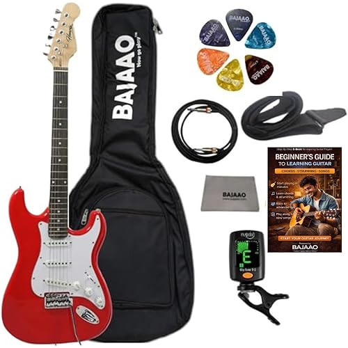 Henrix ST- 6 String Strat Style Maple Wood Electric Guitar With Gig-Bag, Tuner, Cable, Polishing Cloth, Strap, Picks & E-Book - Red