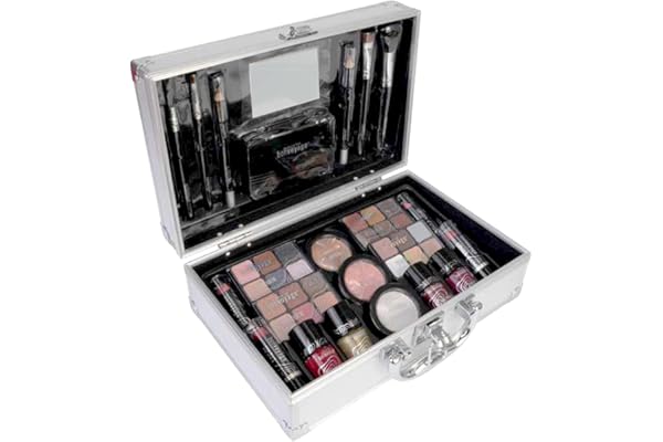 bonvoyage, Coffret Maquillage Femme, Inclut Rouge à Lèvres, Ombres à Paupières, Blush, Vernis à Ongles, et Miroir, Mallette Métallique Portable et Légère, Bon Voyage