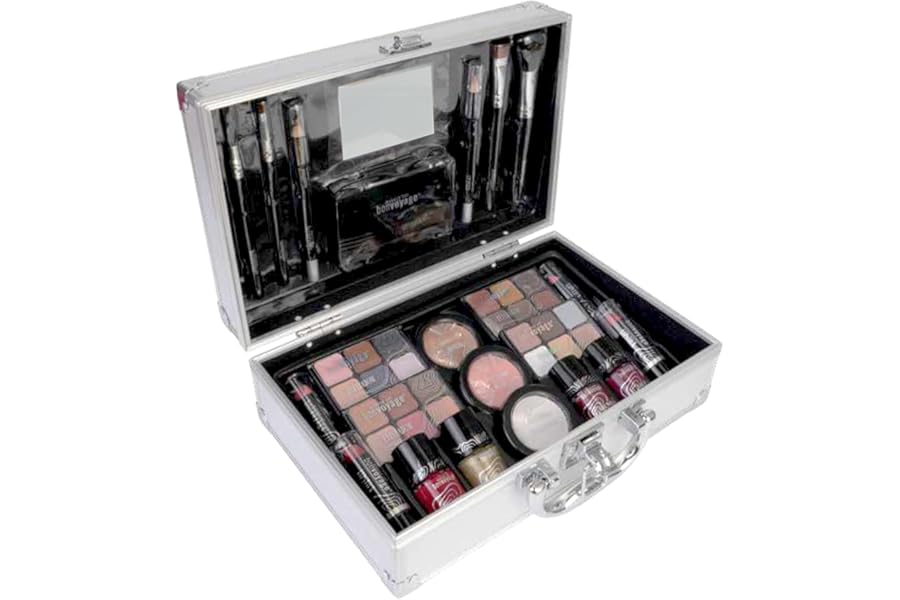 bonvoyage, Makeup Kit, Includes Lipsticks, Eyeshadows, Blush, Nail Polish, Mirror and Make Up Brushes, Portable Lightweight Metal Train Case, Bon Voyage