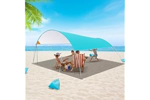 MYMULIKE Strandzelt- 3.2x3.2m, Holds 4 Personen, Strandmuschel UV Schutz 50+, Verstellbarer Schattenbereich & Allseitiger Sonnenschutz