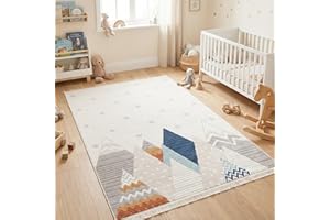 RUGURA Alfombra Infantil Habitación Niña Niño Dormitorio Montañas Nubes Estrellas Arcoiris Animales 120x170cm Gris Azul Crema Beige