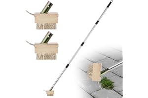 WIEERDA Weed Remove Brush, 2 in 1 Crevice Weeding Tool with 2 Weed Brush Heads and Long Steel Handle, Remove Weeds Moss Tool for Cleaning Patios, Block Paving and Driveway