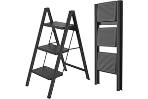 FIVMEN Scala pieghevole a 3 gradini, con pedana larga, portata fino a 270 kg, colore: nero