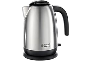 Russell Hobbs Brushed Stainless Steel & Black Electric 1.7L Cordless Kettle with black handle (Fast Boil 3KW, Removable washable anti-scale filter, Pull off lid, Perfect pour spout) 23910