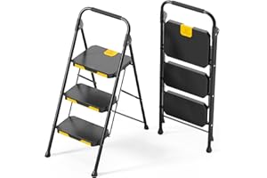 ‎KINGRACK KINGRACK Leiter 3 Stufen, trittleiter 3 Stufen klappbar, haushaltsleiter mit rutschfestem, breitem Pedal und Handläufen, leichte Haushaltsleiter für Küche, Vorratskammer, Schränke, Büro(Schwarz)