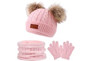 Jarseila Bonnet Écharpe Gants Enfant Fille Hiver Ensemble 3 Pièces pour Bébé Garçon Chaud Tricoté Tour de Cou Polaire Snood Pompon Bonnet 1-5 Ans