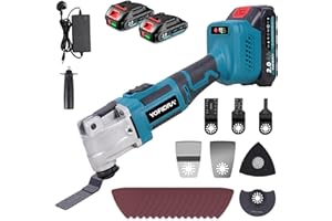 Yofidra Oscillating Multi Tool Cordless, 21V 300W Brushless Multi-Tool with 2x2000mAh Batteries & Charger, 20000RPM, 4°Oscillation, 6+3 Variable Speed, LED Light, for Cutting Grinding DIY