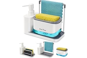 Dispenser Sapone Cucina Bianco,Yulado Porta Sapone Cucina 4 in 1, per lavello, per pompa con porta spugna, Dispenser di detersivo ricaricabile…