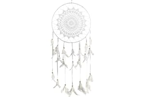 Pink Pineapple Atrapa sueños Grande Bohemio: Arte de Pared de Dreamcatcher Colgante Ético con Plumas y Cuentas, de Color Blanco con Diseño de Ganchillo Tradicional - 27cm de Ancho, 60cm de Largo