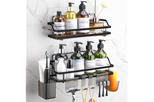 ALOCEO Shower Caddy No Drill, Adhesive Shower Organiser Storage, Rustproof Bathroom Accessories Shower Shelf Black, 2 Pack with 6 Hooks