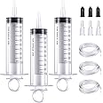 3PCS 100ml Syringe Large Plastic Syringe Measuring Syringe with 3Pcs Catheter Tip and Tube Reusable Liquid Syringe for Fluid Oil Suction Scientific Labs Experiments SFeeding Pets Watering, white