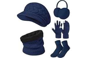 Niwicee Women Winter Knitted Hat and Scarf Set 5 PCS Ski Outing Set Plush Ear Warmers Knitted Scarf Berets Hat and Touch Screen Gloves Thermal Socks Set for Skiing Outdoor Sports