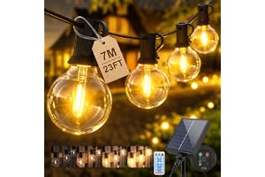 SALCAR Solcellsljusslinga utomhus, 7 m LED-ljuskedja utomhus vattentät 10 + 1 G40 glödlampor, dimbar med fjärrkontroll, 8 lägen, solcellsljuskedja utomhus, för trädgård, balkong, terrass, fest