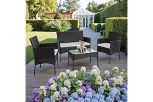 GENERIC 4 Pc Rattan Garden Furniture Sets 4 Piece Indoor Outdoor Table and Chairs Set Balcony Patio and Conservatory Furniture Sofa Backyard Pool Side Coffee Seater (Black)