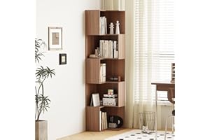 Homullel Tall Corner Bookcase, 5-Tier Wood Corner Bookshelf, L-Shaped Storage Display Rack, 180cm Free Standing Corner Shelf for Living Room Bedroom Home Office, Walnut