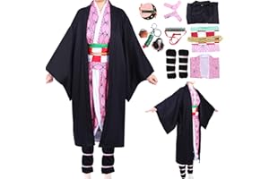 Amycute Déguisement Cosplay Enfant Adulte Kamado Tanjirou Nezuko Kimono Kochou Shinobu Fête Halloween Carnaval Costume Anime Cape Japonais Accessoires Ceinture Boucle d'oreille