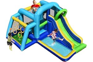 COSTWAY Kids Bouncy Castle, Inflatable Bouncer House with Jumping Area, Slide, Climbing Wall Ball Pit and Throwing, Blow Up Activity Center for Indoor Outdoor (without blower)
