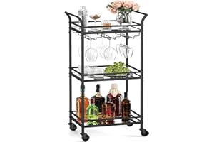 VASAGLE 3-Tier Drinks Trolley, Black Bar Cart on Wheels, with Handles, Mirrored Glass Shelves, Serving Trolley for Small Spaces, Kitchen, Dining Room, Bathroom, Living Room, Home Bar, Black LRC091B62