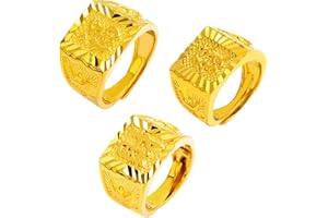 Nereds 3Pcs Men's Gold Plated Ring Wealth Lucky Gold Ring Adjustable Gold Signet Rings for Men Birthday Gift