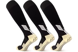 JOCMIC 3 Pairs Kids Grip Socks Football Socks, Junior Anti-slip Knee High Sports Socks Boys Long Cushioned Training Rugby Hockey Socks Aged 5-12