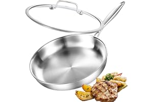 DELARLOCHEF Padella in acciaio inox a tre strati con coperchio,28 cm,non rivestita,padelle per induzione,pentole ad alta e ottima efficienza energetica per steak,uova,11 pollici