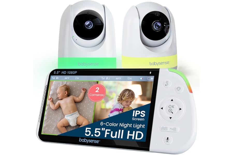 Babysense Full HD Split-Screen Baby Monitor with 2 PTZ Cameras, Two-Way Talk, 6-Color Night Light, 5000mAh Battery, Long Range, 4x Zoom, and Crystal-Clear Audio