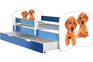 ACMA Letto per Bambino Cameretta per Bambino con Materasso Cassetto II BLU (39 Cuccioli, 180x80 + Cassetto)