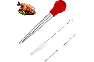 Omoojee Turkey Baster Syringe for Cooking, Large Stainless Steel Meat Injector, with Cleaning Brush and 2 Marinade Needles, Red