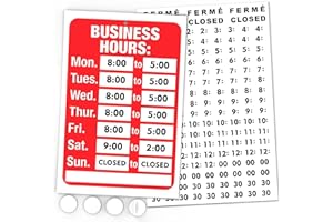 ASSURED SIGNS Opening Hours Sign Kit - Bright Red and White Colors - 7.7 x 11.7" - Includes 4 Double Sided Adhesives and Number Sticker Set - Ideal Opening Time Sign for Shop Window