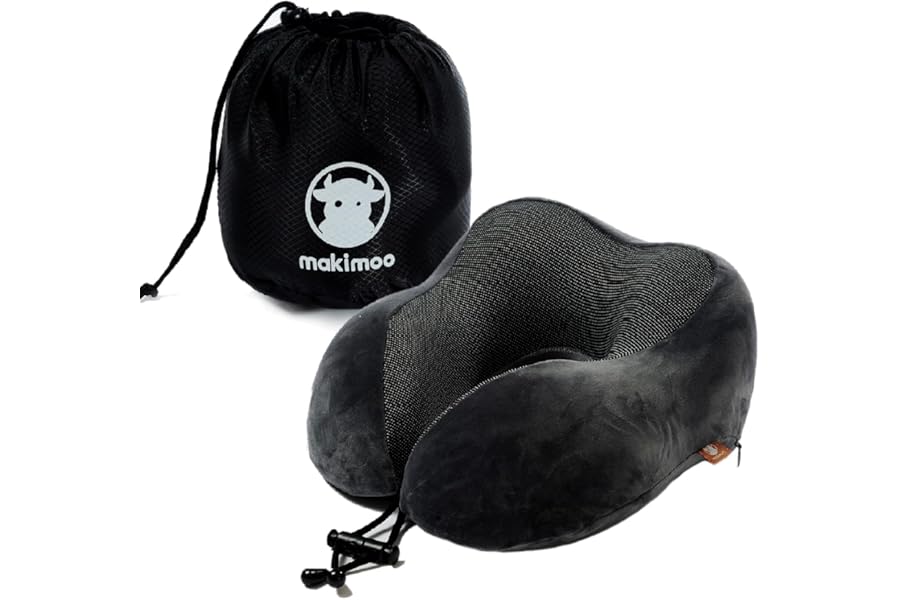 Makimoo Memory Foam Travel Pillow, Neck Pillow with 360-Degree Head Support, Comfortable and Lightweight, Ideal for Sleeping on Airplane, Car, Train, Bus and Home Use, Comes with Storage Bag (Grey)