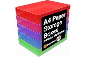 WestonBoxes A4 Cajas de Almacenamiento de Plástico Transparente Coloridas con Tapas para Materiales de Arte, Papel y Cartulina (Multicolor/Transparente, Paquete de 5)