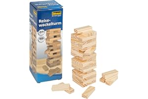 Idena 40206 – Jeu de Voyage en Forme de Tour Mobile avec 54 Briques, Jeu d'adresse en Bois, Dimension des Briques env. 4,8 x 4,8 x 14,4 cm, Tour inclinée, Jeu Amusant pour Toute la Famille.