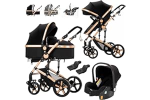 Prokoke Passeggino Trio, Passeggino 3 in 1 con Una Lega di Alluminio a Cornice, Trio Passeggino Neonati con Due Modi Reversibili per Spingere, Trio con Design Pieghevole in Un Clic (black gold 588)
