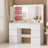 TRIUMPHKEY Makeup Vanity with Large Mirror Light and Sockets, 12 Adjustable LED Lights, Makeup Table with 7 Drawers and Jewel