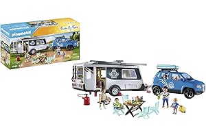 Playmobil 71423 Famille avec Voiture et Caravane - Family Fun - Camping en Nature en Famille - Comprend Quatre Personnages, Une Voiture décapotable avec Coffre Amovible et Une Caravane - Dès 4 Ans
