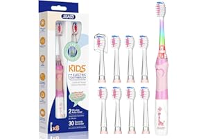 Seago Elektryczna szczoteczka do zębów dla dzieci, 3-5-6-12, małe szczoteczki do zębów z timerem, kolorowe tęczowe światło LED i 4 głowice dla młodszych chłopców, dziewcząt, zasilana bateriami