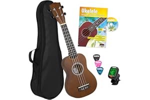 CASCHA HH 3956 ES Ukulélé Soprano Bundle avec cordes d'AQUILA/sac de rangement/formation au ukulélé espagnol (+DVD)/accordeur/3 médiators