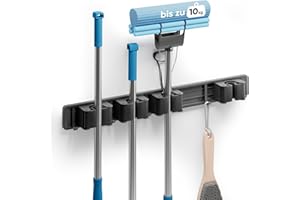 Björn&Schiller Besenhalterung Wand, Gerätehalter Wand, Wandhalterung für Gartengeräte, Besenaufhängung, Haken für Besen zum Aufhängen, Mophalter, bis zu 10 kg, 4 Halterungen und 5 Haken, Bohrmontage