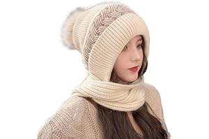 Figarge Hiver Chaud Tricoté Bonnet Et Ensembles De Cache-Cou,Bonnet Tricoté Flexible Avec Boule De Poils,Doublé En Molleton Épais Doux