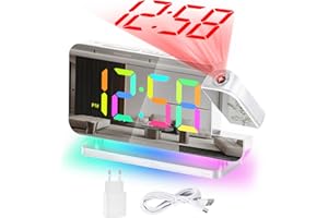 U-picks Reloj Despertador Con Proyección RGB - Espejo LED de 7.4" Con Proyector Giratorio de 180° - Pantalla Digital de 11 Colores - Luz Nocturna de 10 Colores - Reloj de Mesa Digital