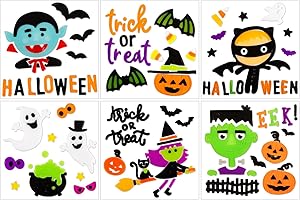 SKOOLOVE 6 Sheets Halloween Gel Window Stickers, Witch, Ghost, Trick or Treat, Bats, Pumpkins, Black Cat, for Window Glass Decorations, Halloween Party Decorations